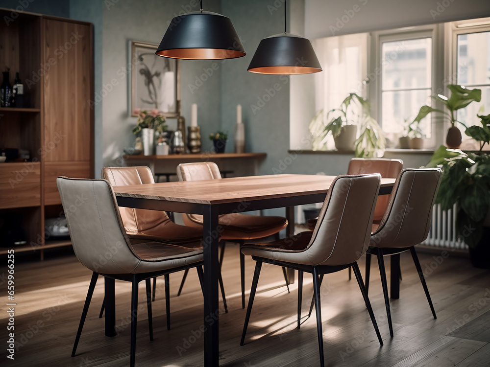 Future of dinners in a hightech dining room with innovative furniture. AI Generation. Future of dinners in a hightech dining room with innovative furniture. AI Generation.