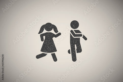 Boy, girl, play, run, game icon vector illustration in stamp style