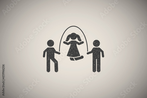 Boys, play, rope, girl icon vector illustration in stamp style
