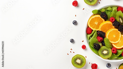 Fresh salad with fruits and greens on white background top view with space for text. Healthy food.