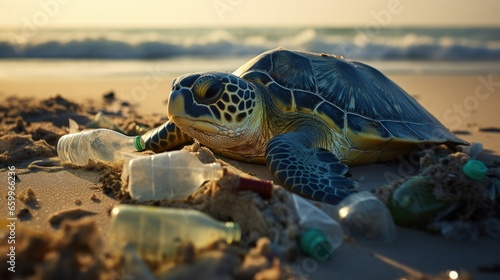 Dead turtle and plastic bottle garbage from ocean on the beach © HN Works