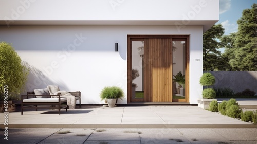 New house with wooden door and empty white signage. 3d rendering of large patio in modern home.