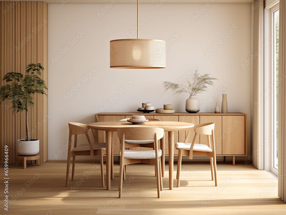 Embrace comfort and style in the light wood dining room. AI Generation. Embrace comfort and style in the light wood dining room. AI Generation.