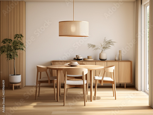 Embrace comfort and style in the light wood dining room. AI Generation.