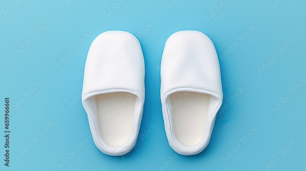 White slippers on a blue background with empty space. Slippers for guests. View from above. White slippers on a blue background with empty space. Slippers for guests. View from above.