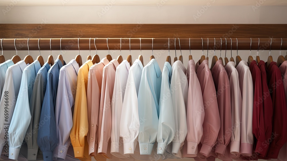 Clean shirts hanging on rack in laundry