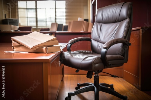 leather office chair in front of a desk with lots of paperwork