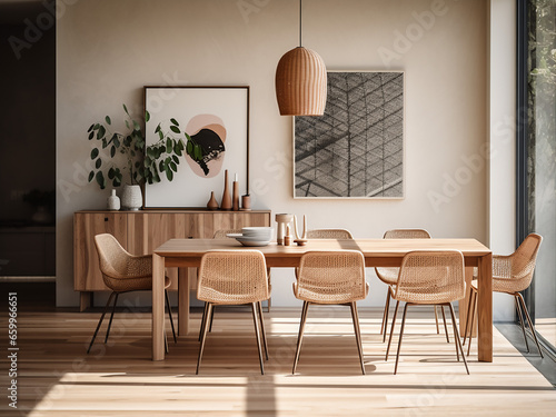 Welcoming dinning room, minimalist furniture, chic interior, perfect for dinner. AI Generation.