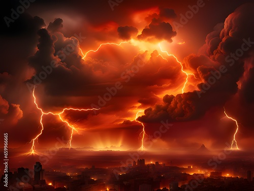 storm clouds with red lightning in night sky