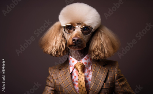 Retro Poodle wearing a suit and  tie © marimalina