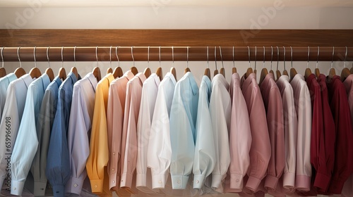 Clean shirts hanging on rack in laundry