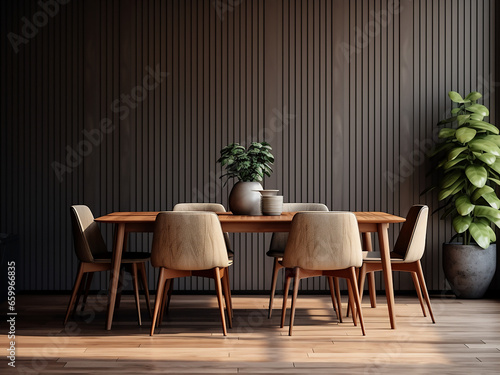 Nature-inspired wood dining room, furniture complementing organic design. AI Generation.