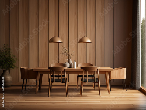 Inviting wood dining room, well-crafted furniture, warm interior. AI Generation.