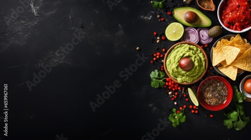 Latinamerican mexican food party sauce guacamole  salsa  chips and tequila on black table. Top view copy space.