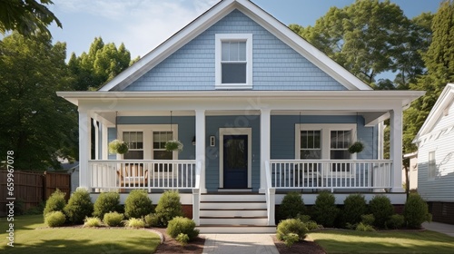 Exterior of a suburban home with blue siding, a white front porch, and white shutters.
