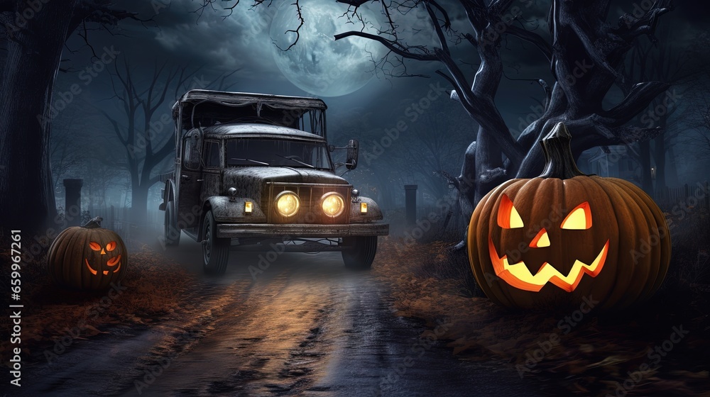 Halloween car delivering pumpkin against night scary autumn forest background - obrazy, fototapety, plakaty 