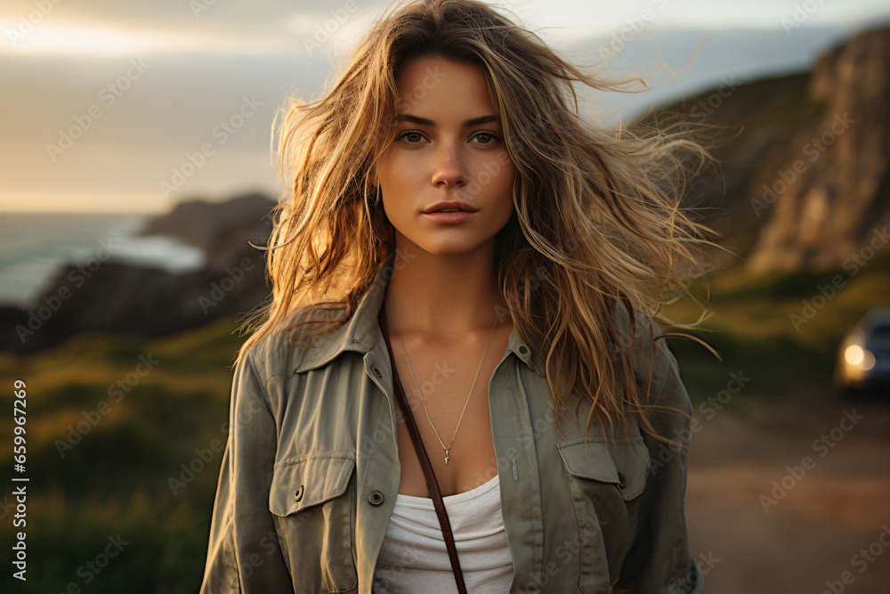 Summer beach portrait of a young sexy blonde woman in denim clothes standing on grassy beach at sunset 
