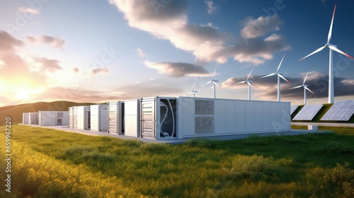 Concept of energy storage system. Renewable energy - photovoltaics, wind turbines and Li-ion battery container in morning fresh nature. 3d rendering.