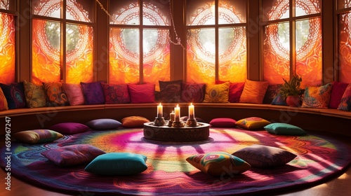 A meditation corner brimming with bright mandala patterns and a spectrum of cushion shades.
