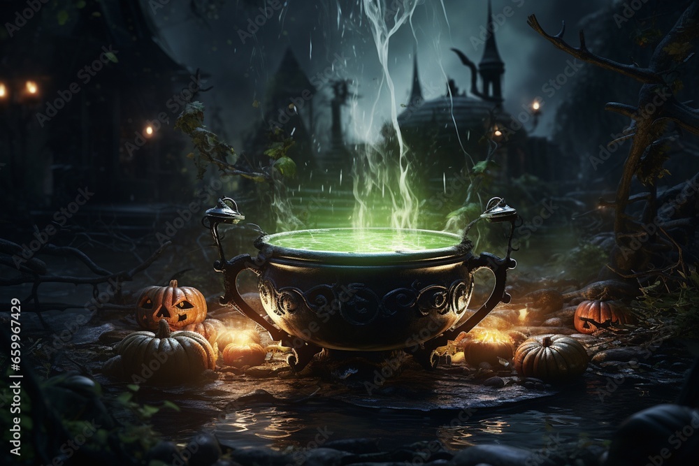 Enchanting Halloween Night, A Mysterious Cauldron's Glow created with Generative AI Enchanting Halloween Night, A Mysterious Cauldron's Glow created with Generative AI