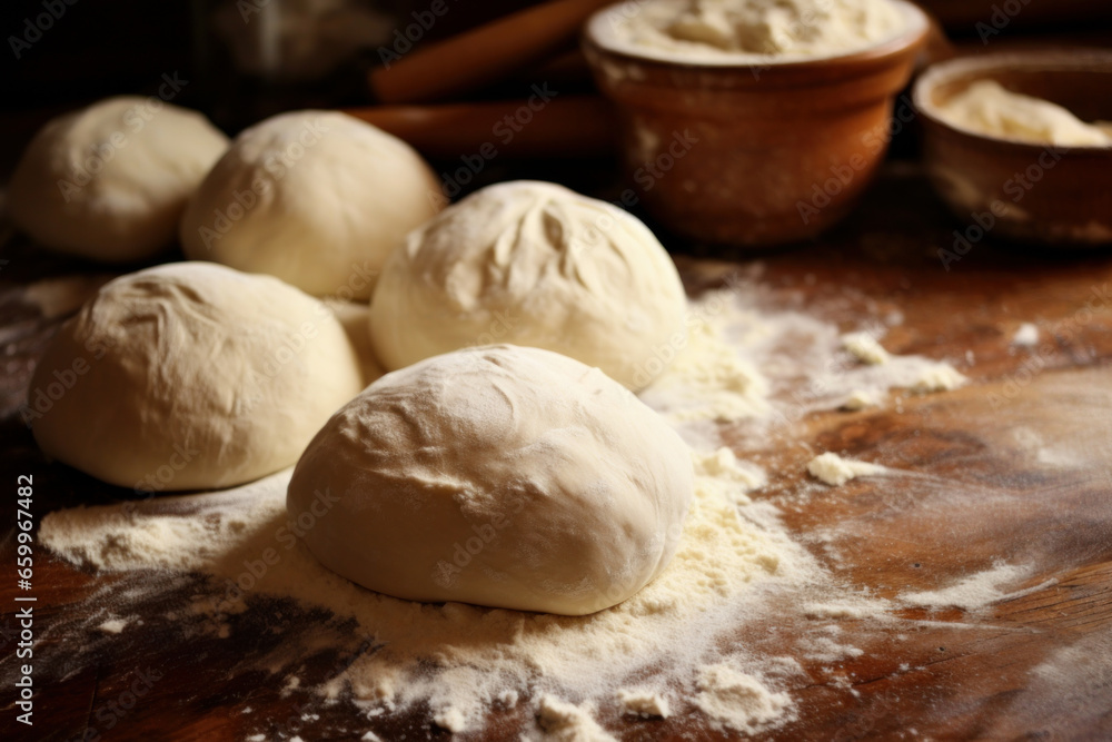 Fototapeta premium Raw balls of dough on wooden kitchen table