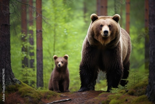 large bear with small cub in a forest