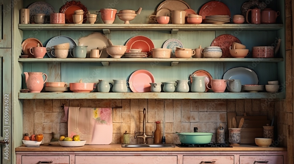 A rustic kitchen with cabinets in varying pastel shades and colorful ceramic ware.