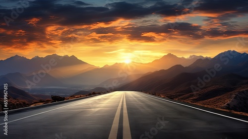 Straight asphalt road and mountain with sky clouds background at sunset © HN Works