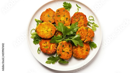 Healthy vegetarian nuggets with carrots, cauliflower and spinach. Vegetable nuggets. Vegan food. Top view, white background.
