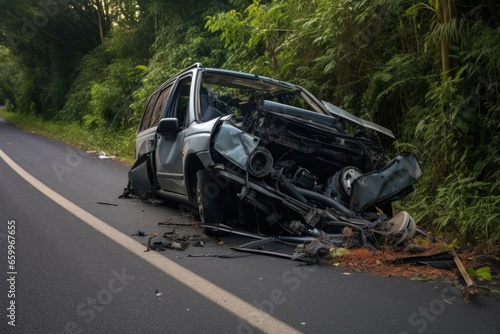roadside vehicle crash into bush on rural road © altitudevisual