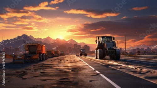 Beautiful sunset above the road rollers working on the new road construction site © HN Works