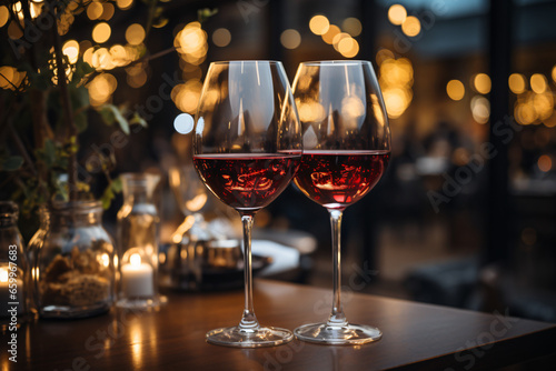 Red wine in a tall wine glass restaurants bokeh background 