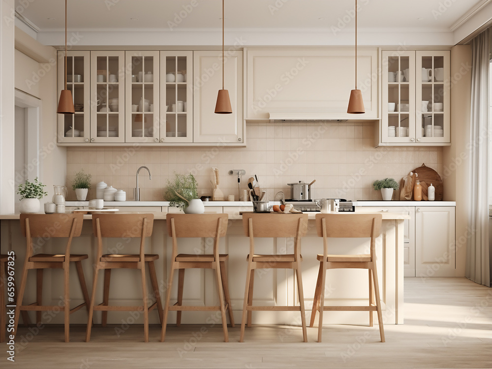 Furniture-accentuated interior in a grand beige kitchen. AI Generation.