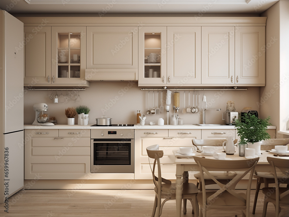 Roomy beige kitchen adorned with stylish furniture. AI Generation. Roomy beige kitchen adorned with stylish furniture. AI Generation.