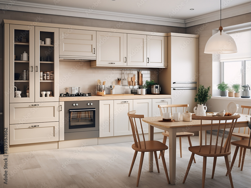 Expansive interior design fills this big beige kitchen. AI Generation.