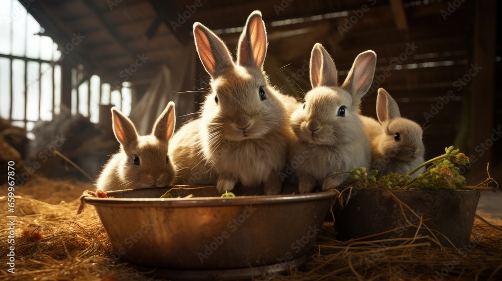 Small fluffy rabbits in the pen are eating food from a cup. There is a ...