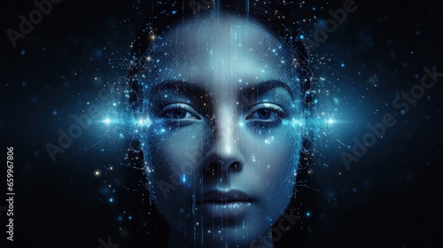 Responsive web banner design with illustration of human face made by tiny particles between glowing digital network for Artificial Intelligence (AI) deep learning concept.