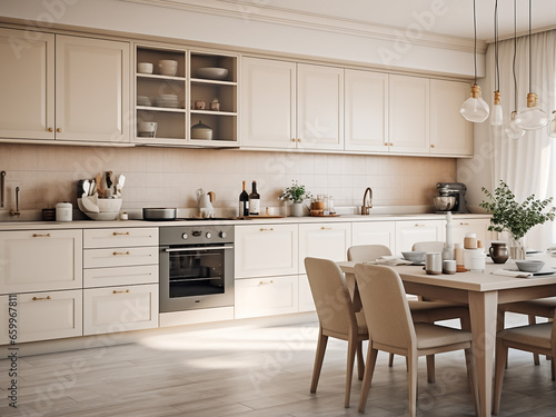 Extensive beige kitchen with well-appointed interior. AI Generation.