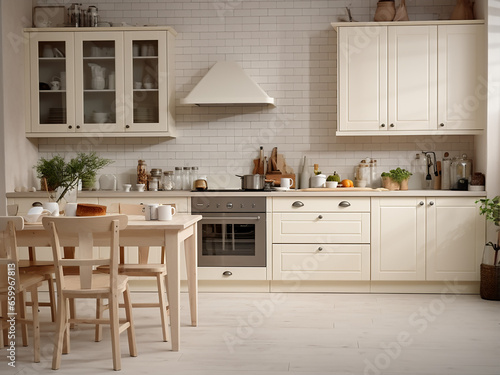 Ample furniture enhances this big beige kitchen's design. AI Generation. © Llama-World-studio