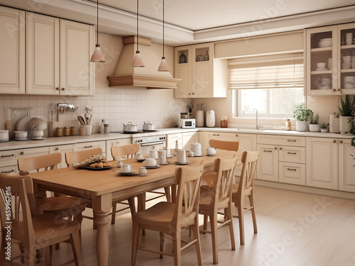 A design-forward approach to a big beige kitchen with furniture. AI Generation.