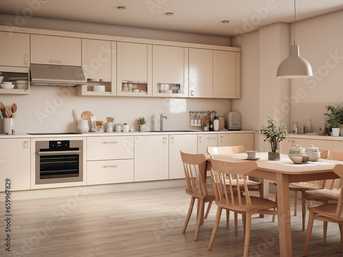 Well-designed big beige kitchen with furniture elements. AI Generation.