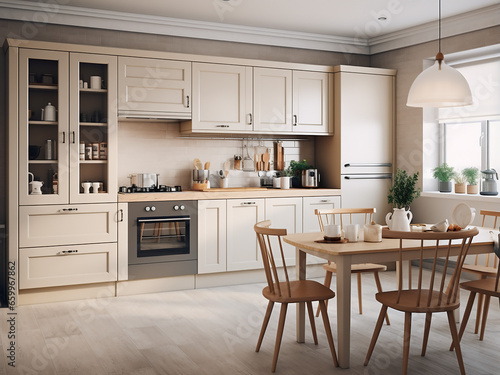 Expansive interior design fills this big beige kitchen. AI Generation.
