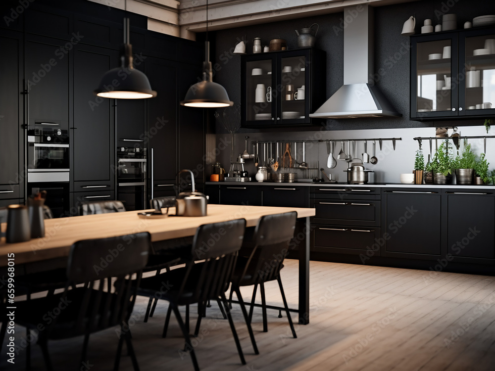 Huge black kitchen featuring thoughtfully curated interior. AI Generation.