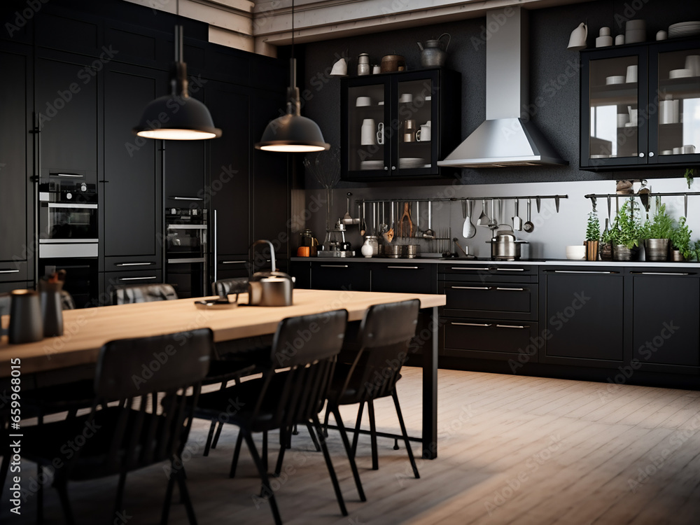 Fototapeta premium Huge black kitchen featuring thoughtfully curated interior. AI Generation.