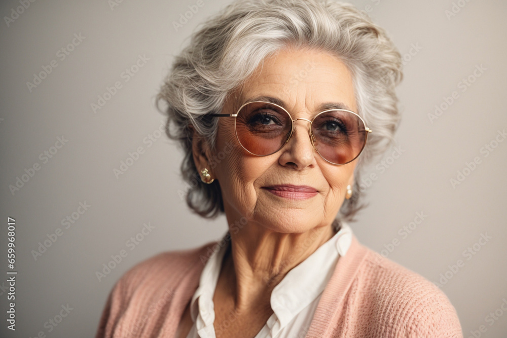 An elderly woman with glasses on a white background. Generative AI.