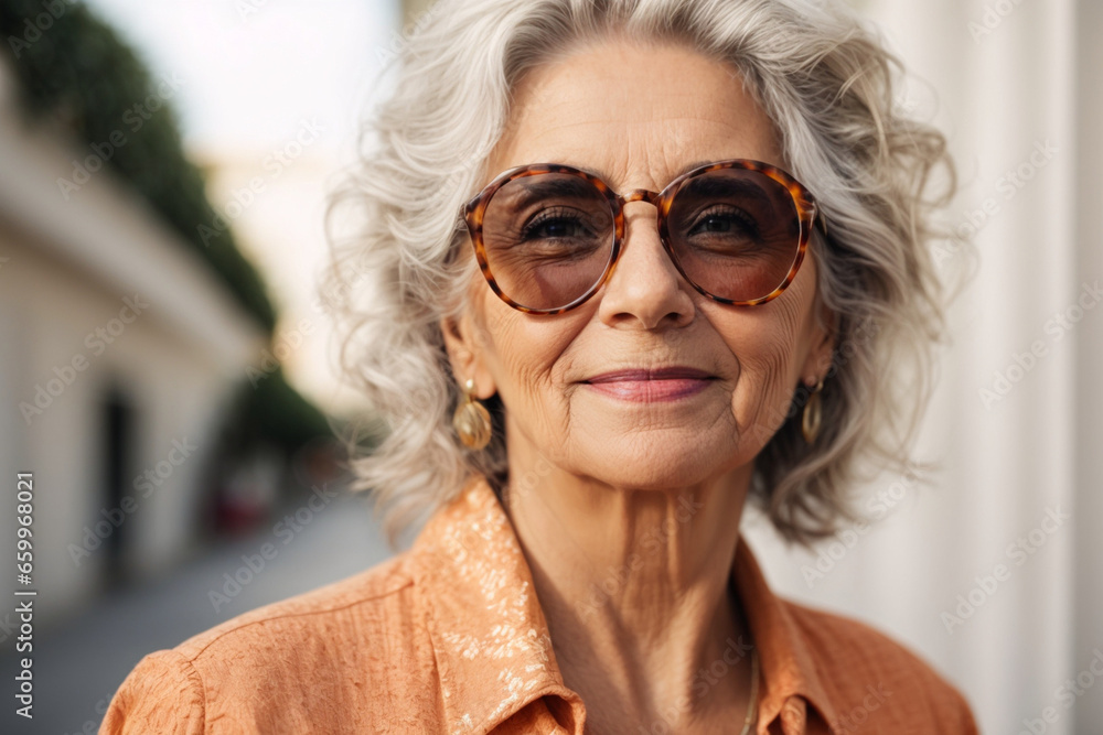 Old woman with glasses on the street. Generative AI. Old woman with glasses on the street. Generative AI.