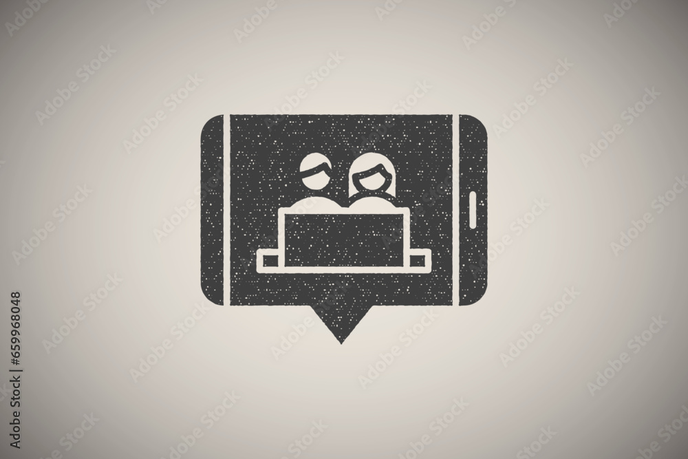 Obraz premium Smartphone chat users laptop icon vector illustration in stamp style