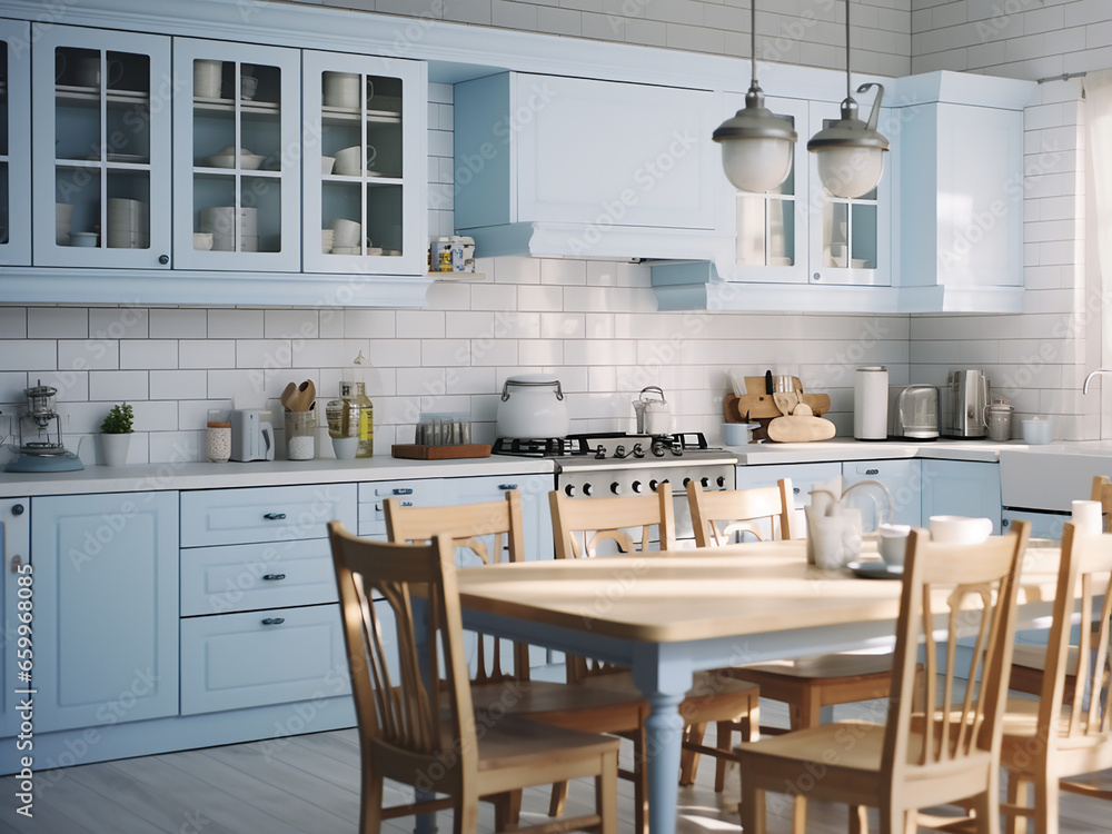 Aesthetically pleasing big blue kitchen with elegant design. AI Generation.