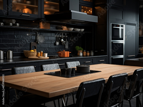 Stylishly furnished big black kitchen designed with finesse. AI Generation.