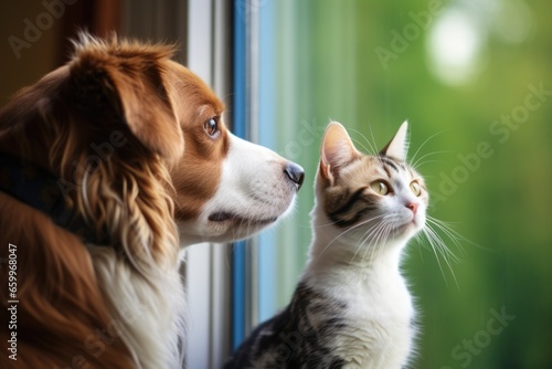 a cat and a dog looking out of the same window